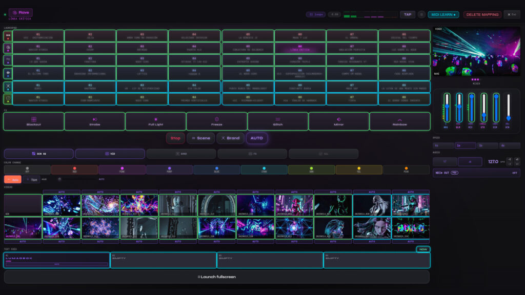 A digital DJ or VJ software interface with grids, controls, color-coded buttons, video thumbnails, audio levels, and effects settings, all set against a dark background.