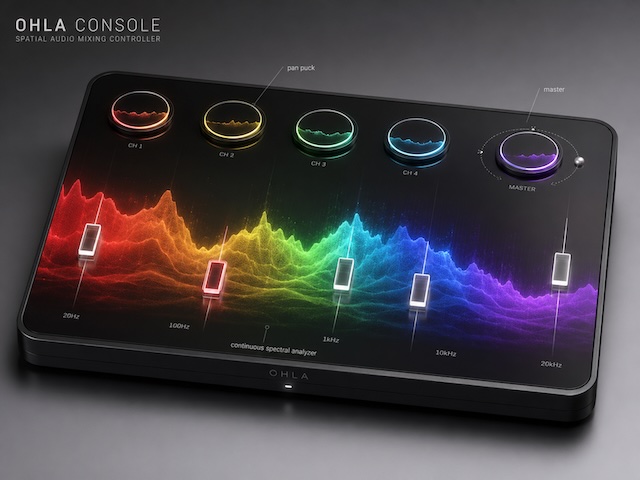 A sleek audio mixing console with five round dials and colorful spectral analyzer graphics labeled for four channels and a master control, set against a dark background.
