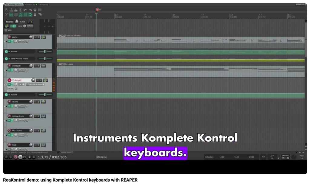 A digital audio workstation screen displays multiple audio tracks and the text Instruments Komplete Kontrol keyboards. in bold, with keyboards. highlighted in purple.