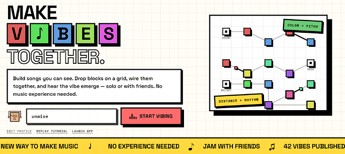 Website interface for making music by connecting colored blocks on a grid. Buttons include Start Vibing and Launch App. Explanations for color, pitch, distance, and rhythm are shown.