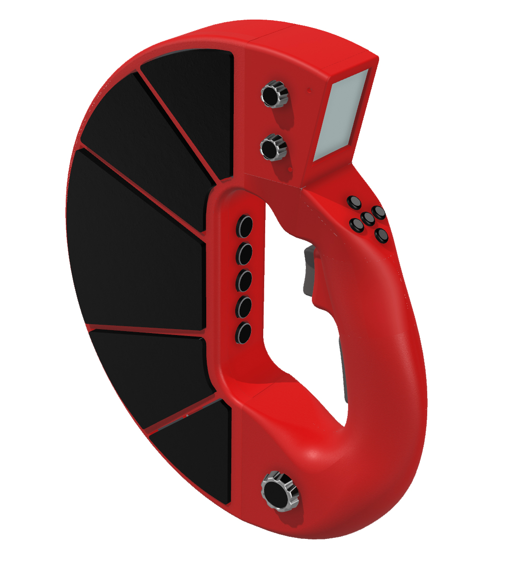 A red, ring-shaped electronic device with black panels, buttons, knobs, and a small display screen; it resembles a futuristic musical instrument or controller.