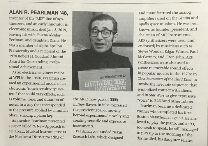 A black-and-white photo of Alan R. Pearlman smiling, wearing glasses, and holding a book titled An Introduction to Electronic Music Systems surrounded by text about his achievements in electronic music.