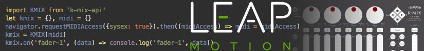 A digital image featuring JavaScript code for MIDI access, the words “LEAP MOTION” in large text, and part of a MIDI controller with knobs and buttons on the right side.