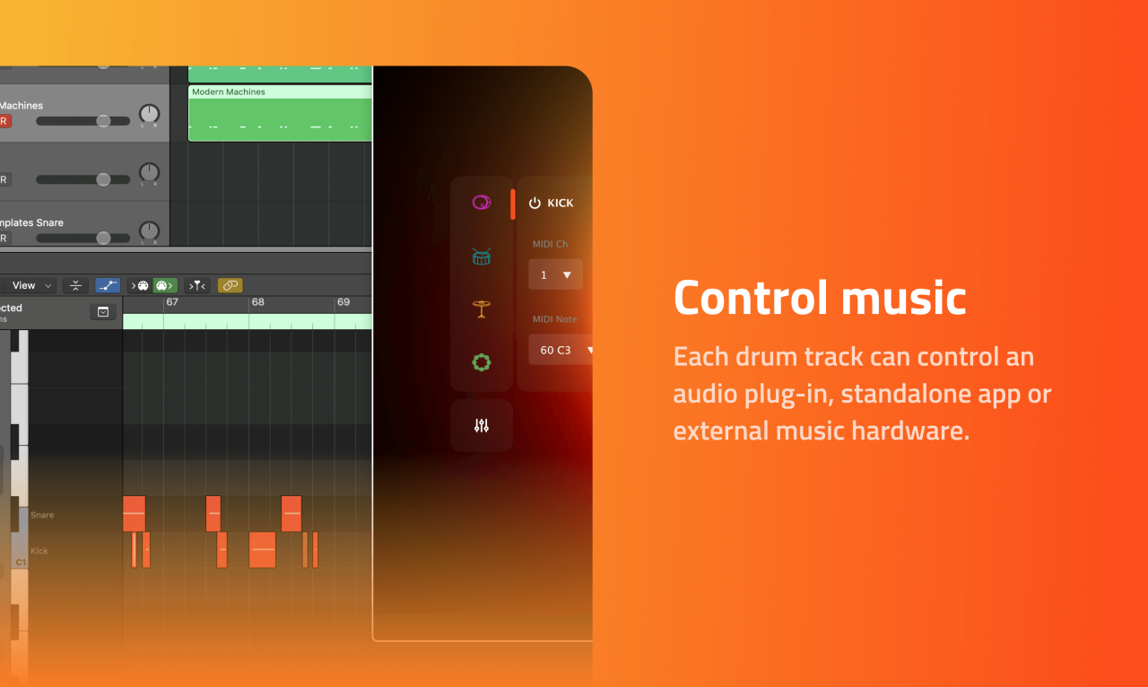 Each drum track can control an audio plug-in, standalone app or external music hardware.