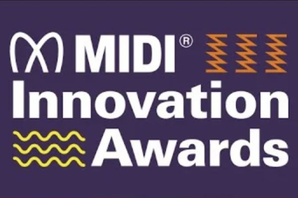 Logo for the MIDI Innovation Awards, featuring the MIDI symbol and orange wave-like graphics on a purple background, with bold white text reading MIDI Innovation Awards.
