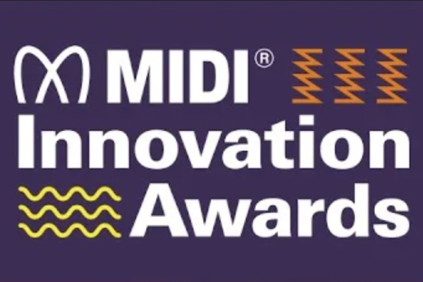 Logo for the MIDI Innovation Awards, featuring the MIDI symbol and orange wave-like graphics on a purple background, with bold white text reading MIDI Innovation Awards.